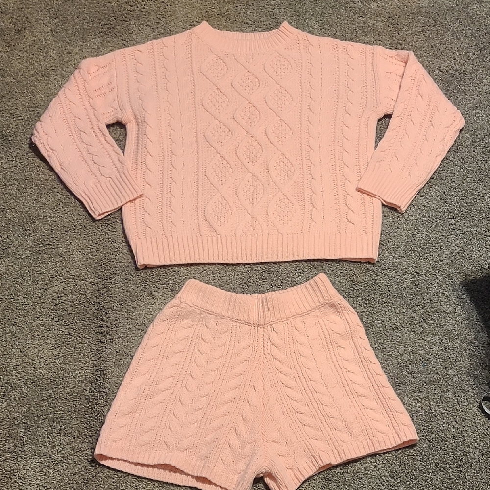 ANRABESS Pink Cable Knit Sweater and Shorts Set